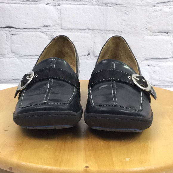 Indigo Women's Leather White Stitch Square Toe Buckle Slip On Wedge Loafer 7M - Picture 4 of 16